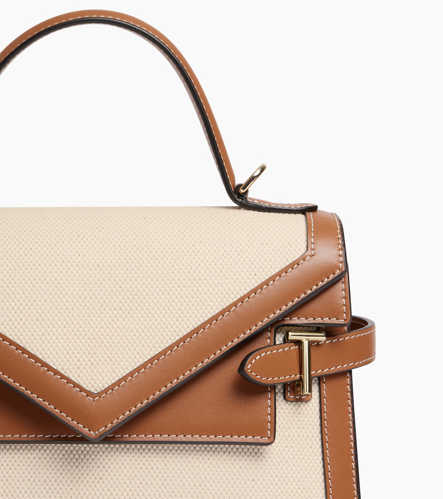 Sac à main double rabat moyen modèle Emilie en toile coton et cuir lisse