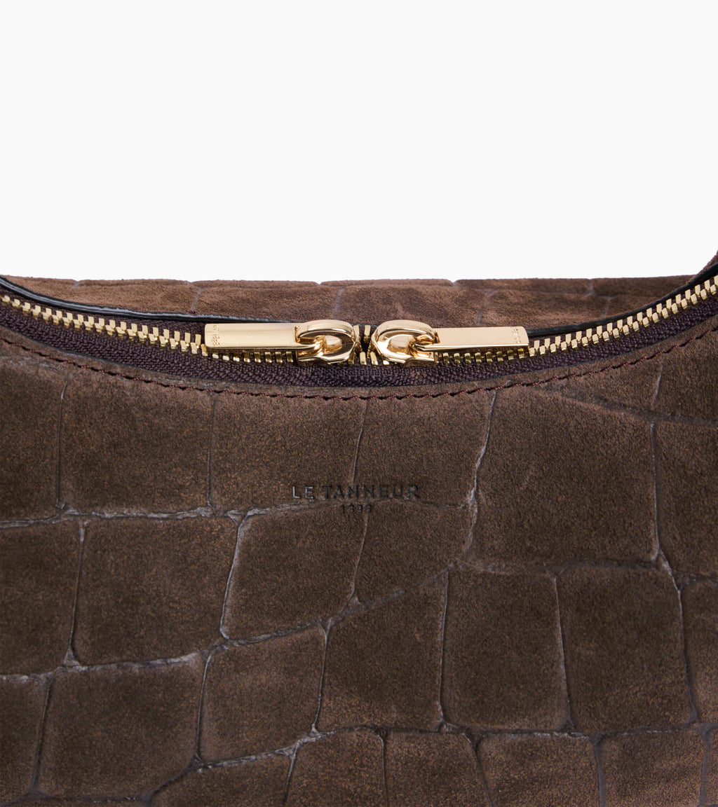 Petit sac hobo Juliette en cuir refente de velours embossé crocodile